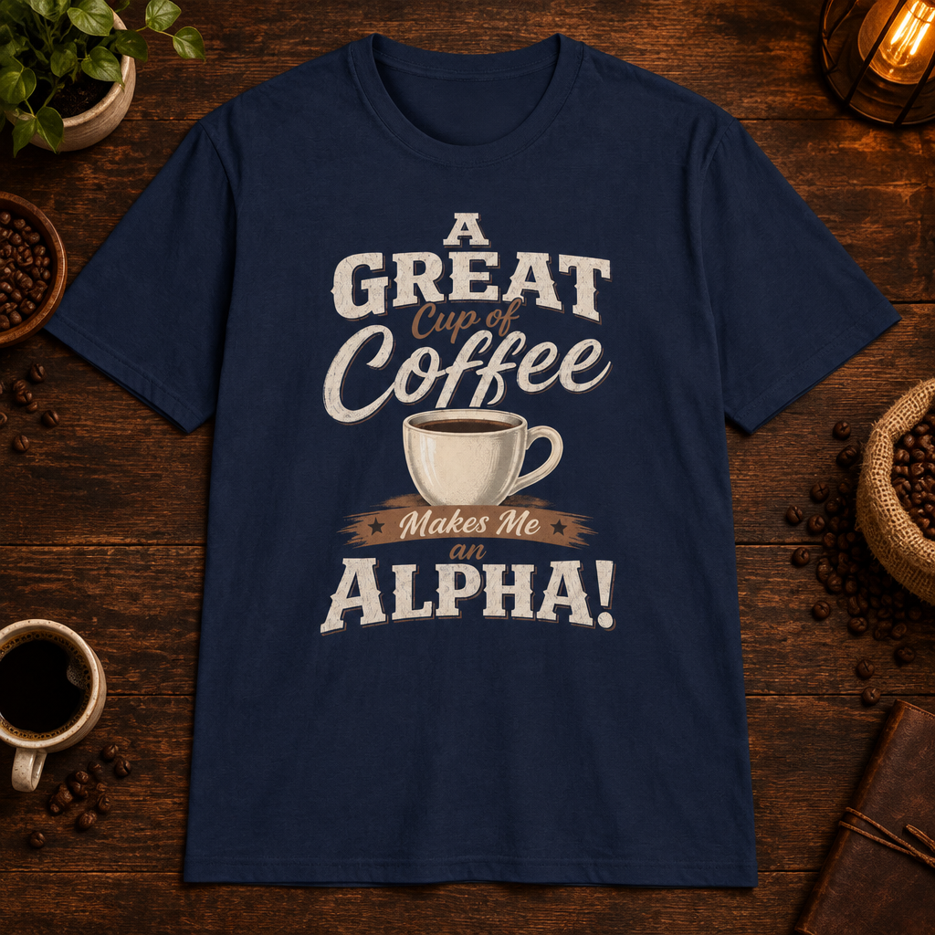 A Great Cup of Coffee T-Shirt in Navy, overhead coffee-bar flat-lay mockup