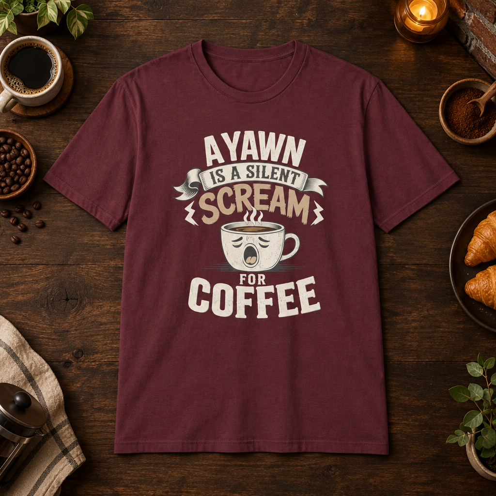 A Yawn for a Coffee Cup T-Shirt in Maroon, coffee bar flat lay mockup