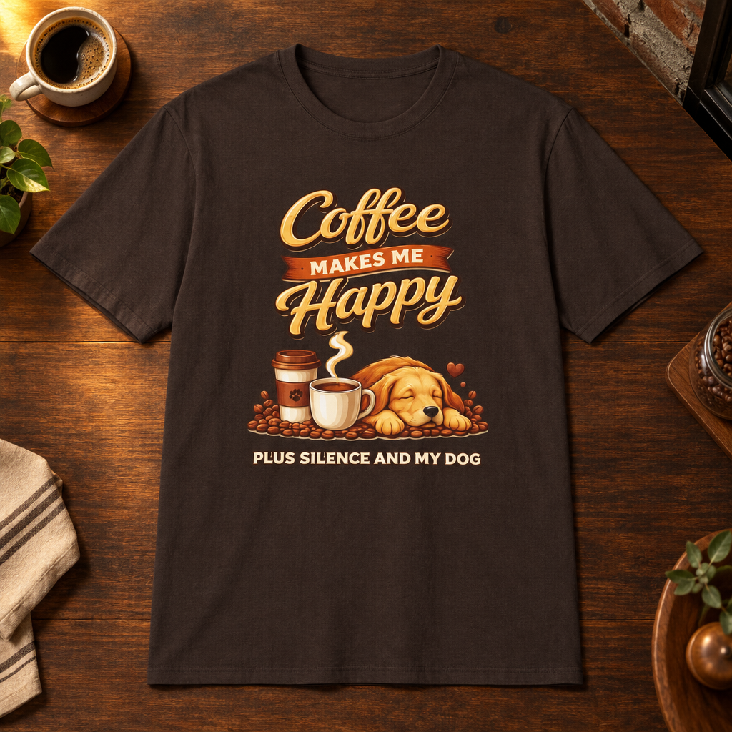 Coffee Makes Me Happy T-Shirt Dark Chocolate close-fill short-sleeve coffee-bar flat lay