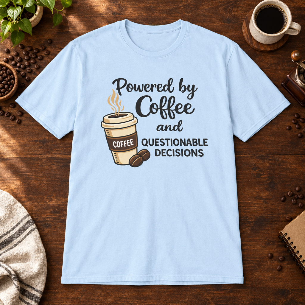 Powered by Coffee T-Shirt Light Blue coffee-bar flat lay