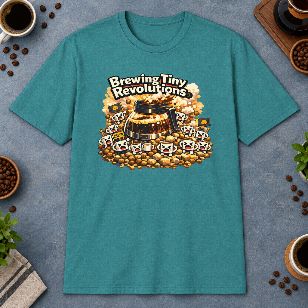 Brewing Tiny Revolutions T-Shirt in Heather Galapagos Blue, zoomed lifestyle mockup