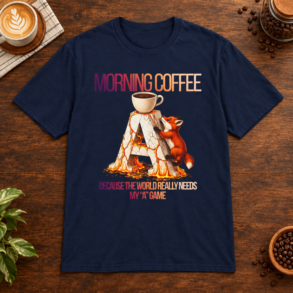 Morning Coffee T-Shirt Navy on warm coffee bar