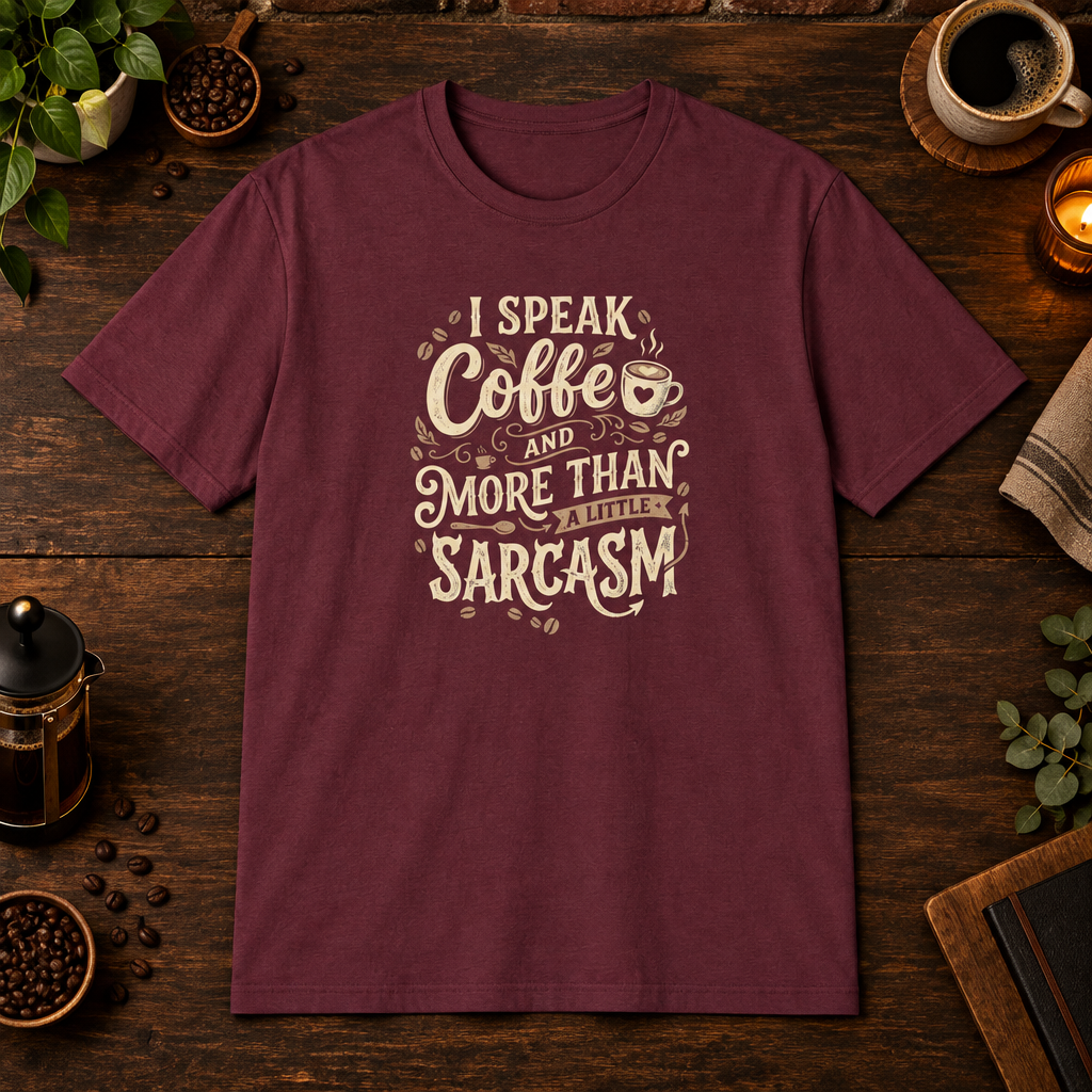 I Speak Coffee T-Shirt in Maroon, coffee bar flat lay mockup