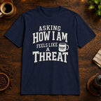 Asking How I Am T-Shirt in Navy, overhead coffee-bar flat-lay mockup