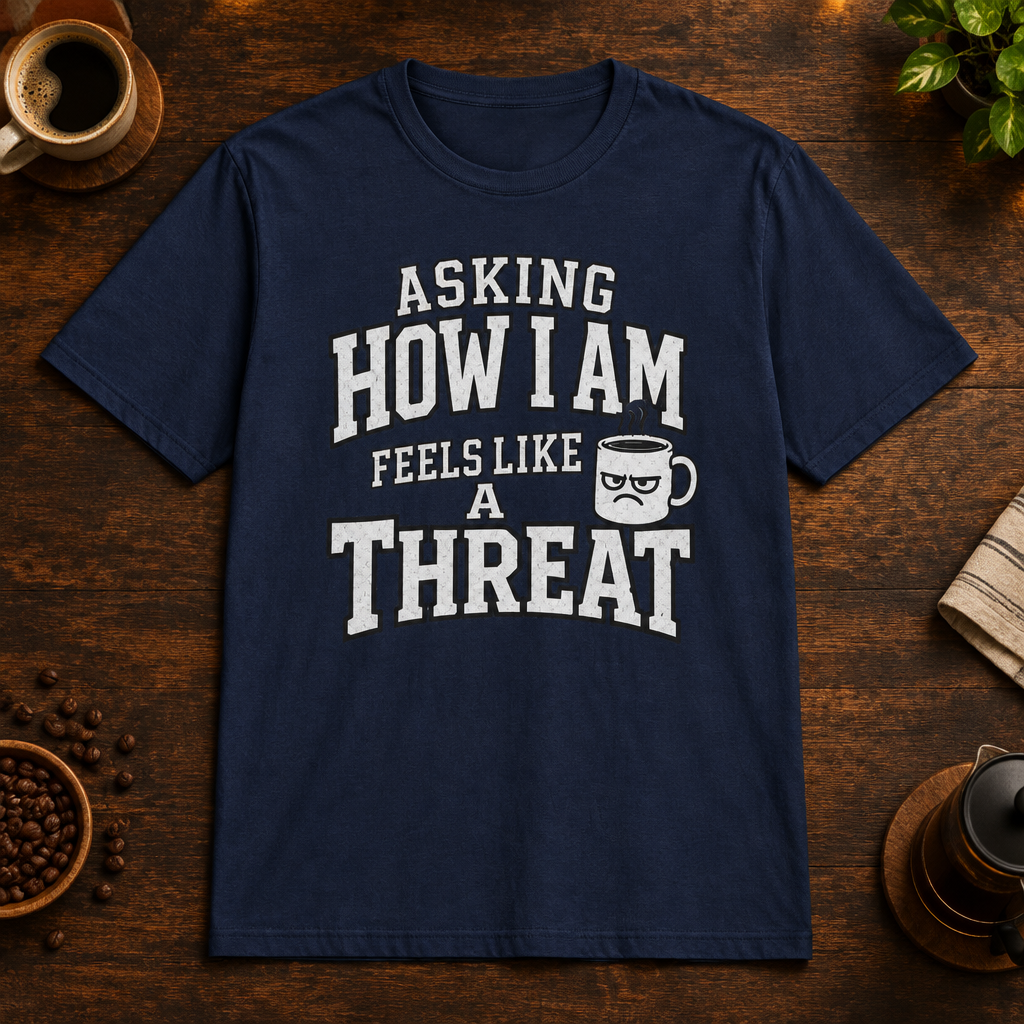 Asking How I Am T-Shirt in Navy, overhead coffee-bar flat-lay mockup