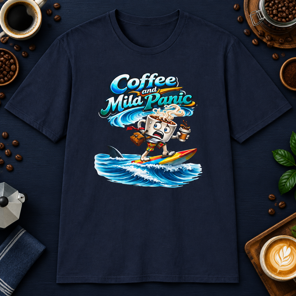 Coffee and Mild Panic T-Shirt in Indigo Blue, zoomed lifestyle mockup