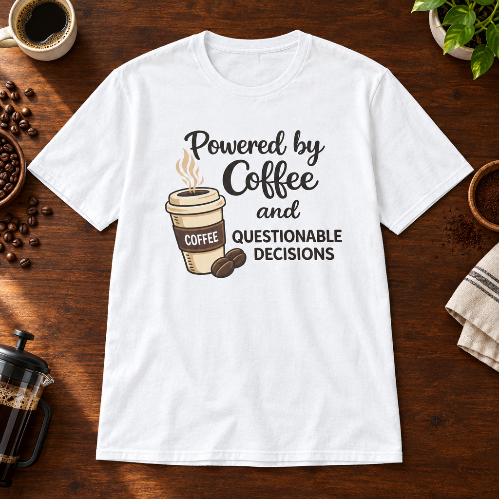 Powered by Coffee T-Shirt White coffee-bar flat lay