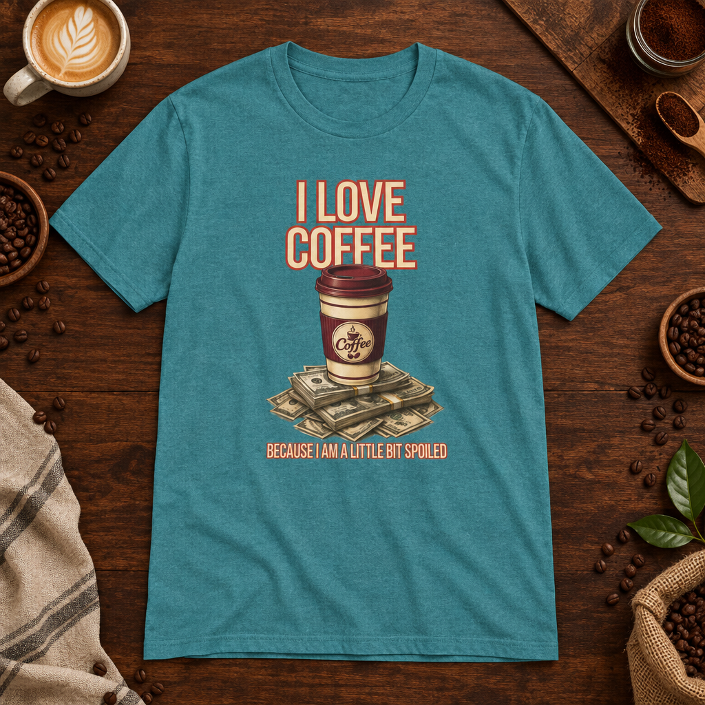 I Love Coffee T-Shirt Heather Galapagos Blue on warm coffee bar