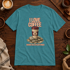 I Love Coffee T-Shirt Heather Galapagos Blue on warm coffee bar
