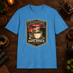 Coffee is My Safe Space T-Shirt in Heather Sapphire, zoomed lifestyle mockup