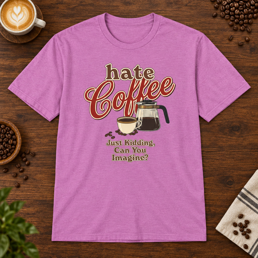 Hate Coffee T-Shirt Heather Radiant Orchid on warm coffee bar