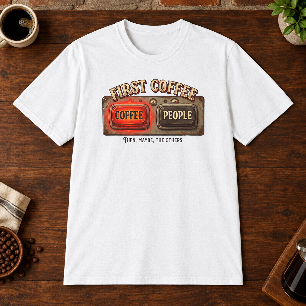 First Coffee Then T-Shirt White preferred-size coffee-bar flat lay