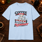 Coffee is My Boundary T-Shirt in Heather Indigo, zoomed lifestyle mockup