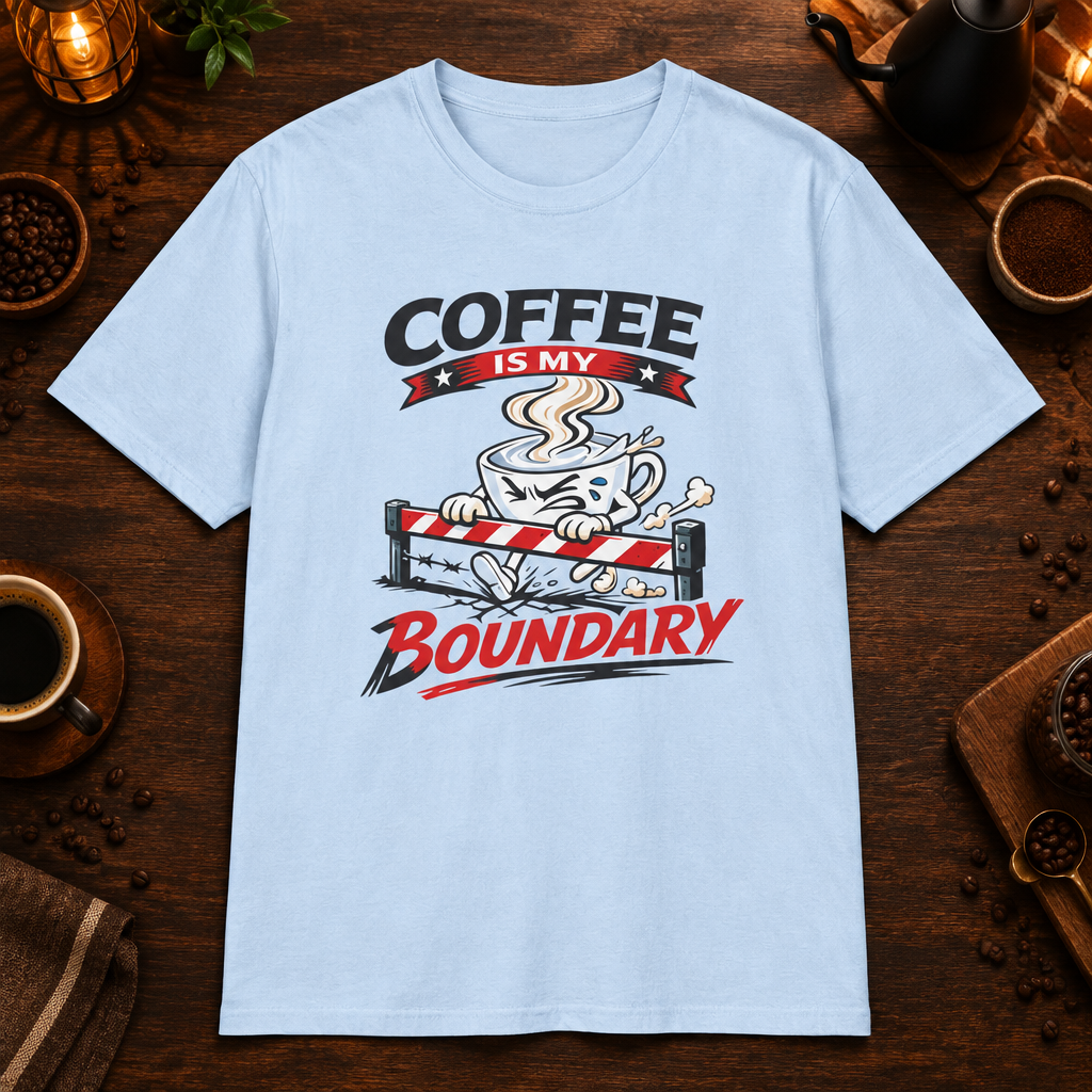 Coffee is My Boundary T-Shirt in Heather Indigo, zoomed lifestyle mockup