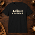 Espresso mi opinión T-Shirt in Black, overhead coffee-bar flat-lay mockup