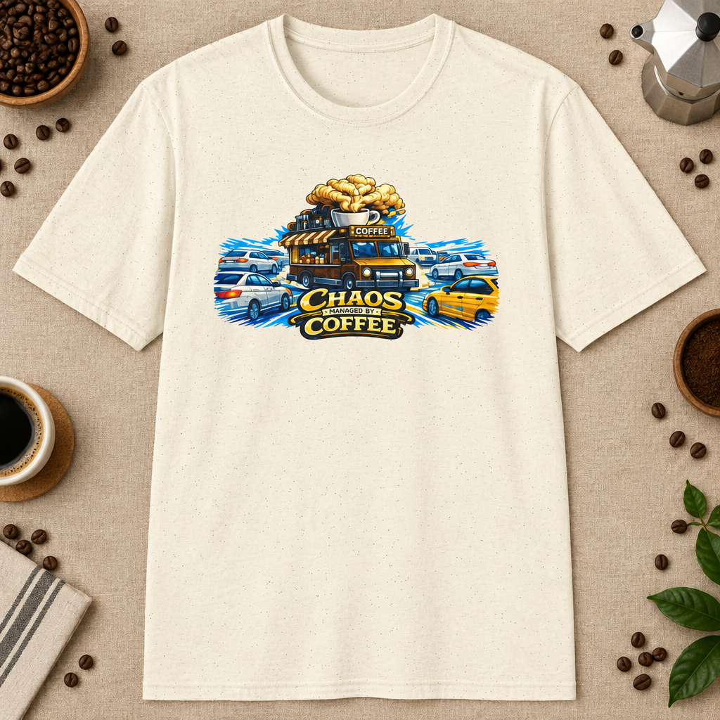 Chaos Managed by Coffee 2 T-Shirt in Natural, zoomed lifestyle mockup