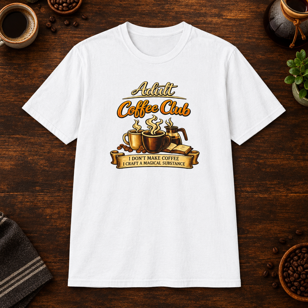 Adult Coffee Club T-Shirt in White, overhead coffee-bar flat-lay mockup