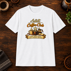 Adult Coffee Club T-Shirt in White, overhead coffee-bar flat-lay mockup
