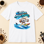 Coffee and Mild Panic T-Shirt in Heather Galapagos Blue, zoomed lifestyle mockup