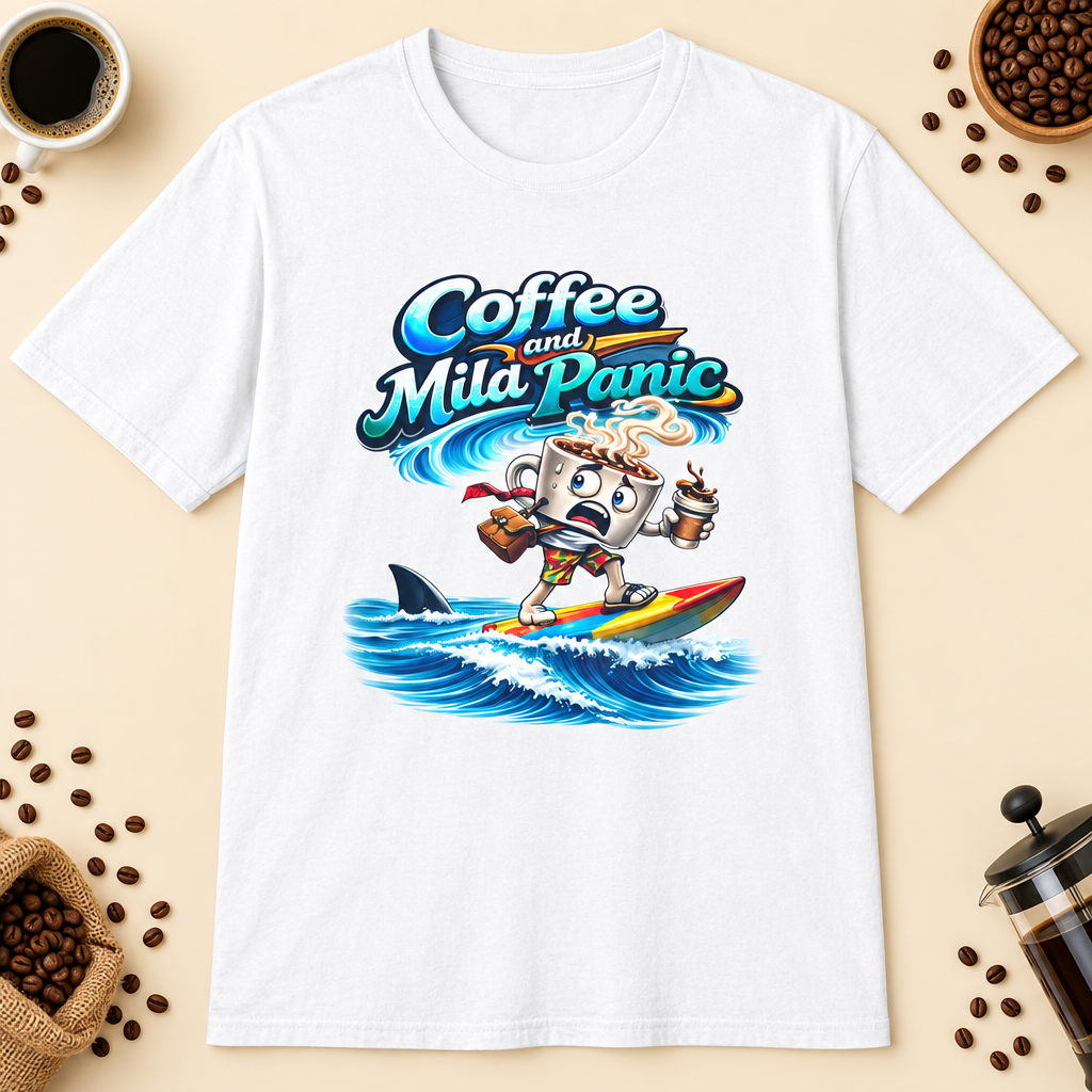 Coffee and Mild Panic T-Shirt in Heather Galapagos Blue, zoomed lifestyle mockup
