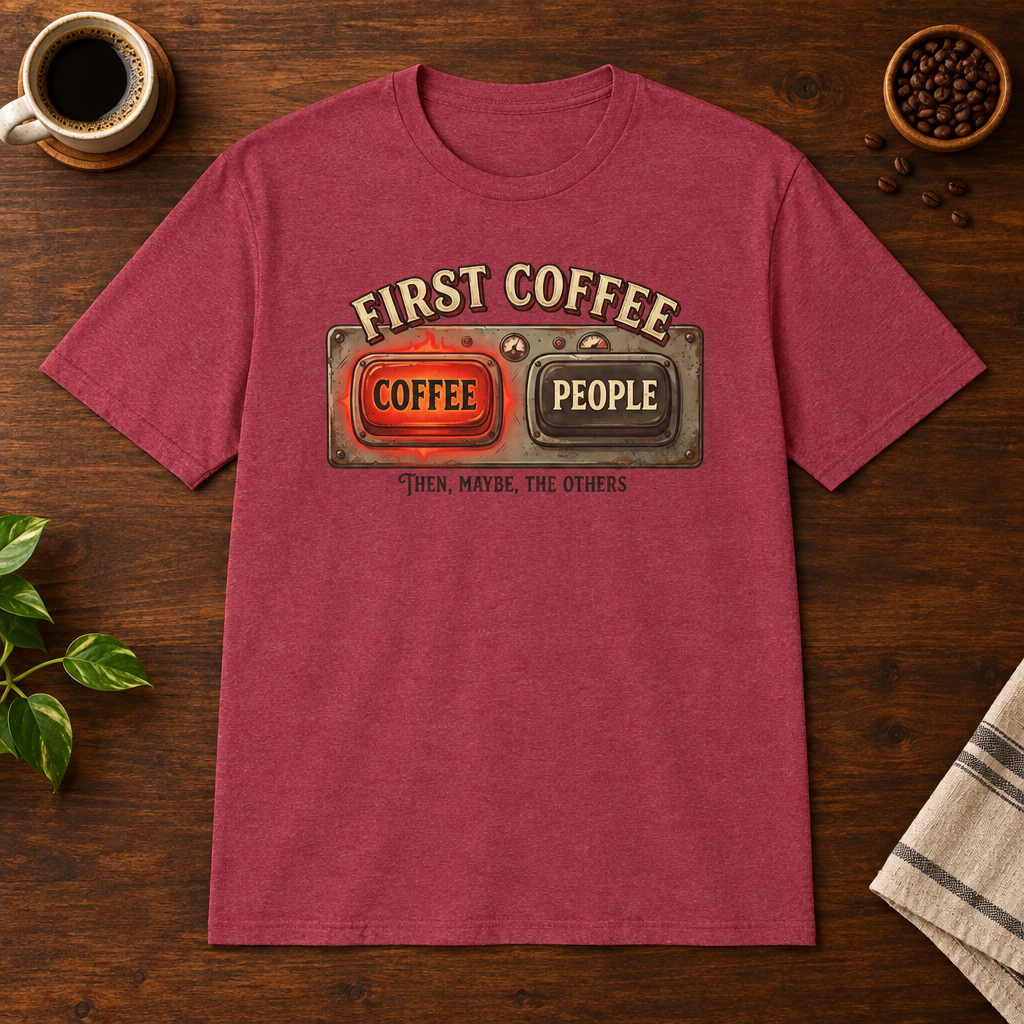 First Coffee Then T-Shirt Heather Cardinal preferred-size coffee-bar flat lay