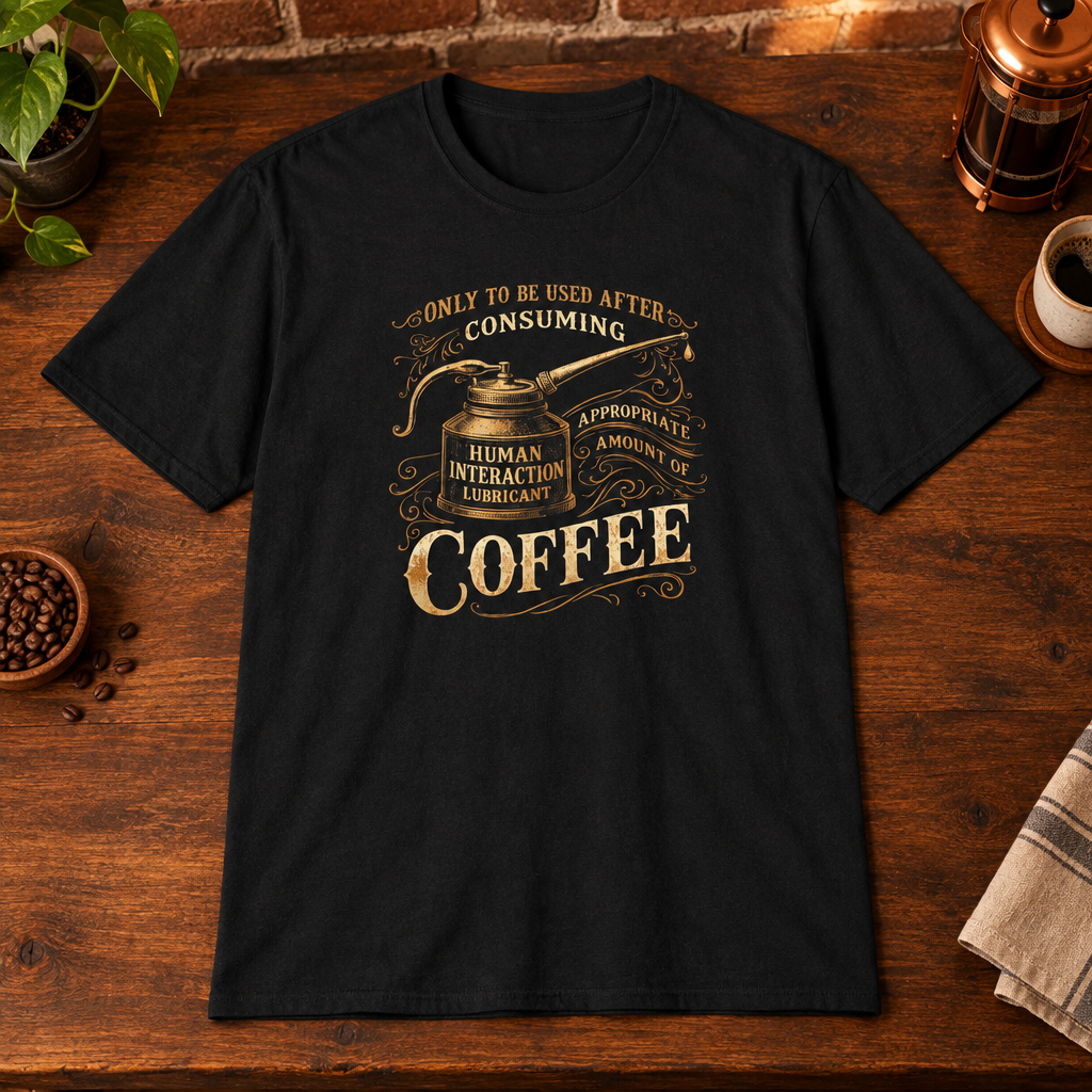 Lubricant T-Shirt Black close-fill short-sleeve coffee-bar flat lay
