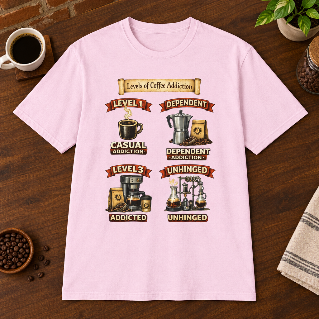 Levels of Coffee Addiction T-Shirt Light Pink close-fill short-sleeve coffee-bar flat lay