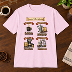 Levels of Coffee Addiction T-Shirt Light Pink close-fill short-sleeve coffee-bar flat lay