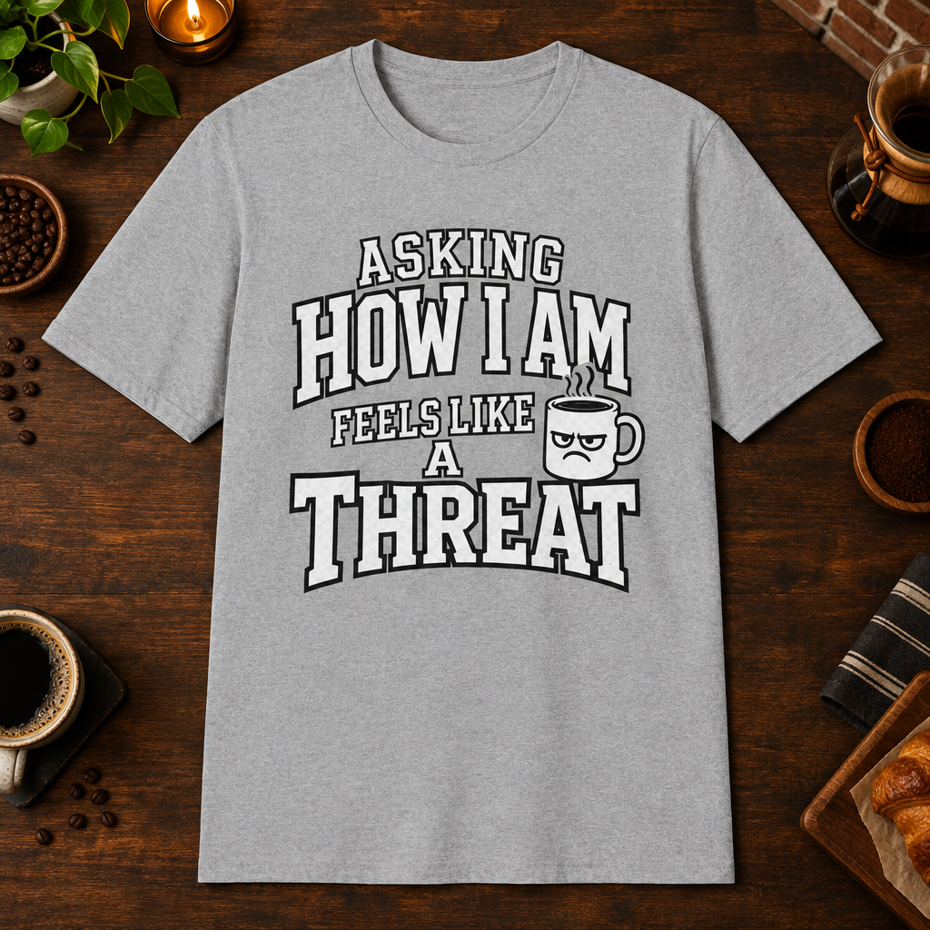Asking How I Am T-Shirt in Sport Grey, overhead coffee-bar flat-lay mockup