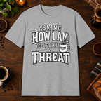 Asking How I Am T-Shirt in Sport Grey, overhead coffee-bar flat-lay mockup