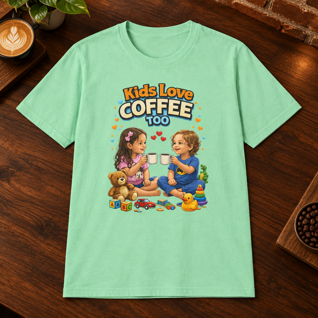 Kids Love Coffee Too T-Shirt Mint Green close-fill short-sleeve coffee-bar flat lay