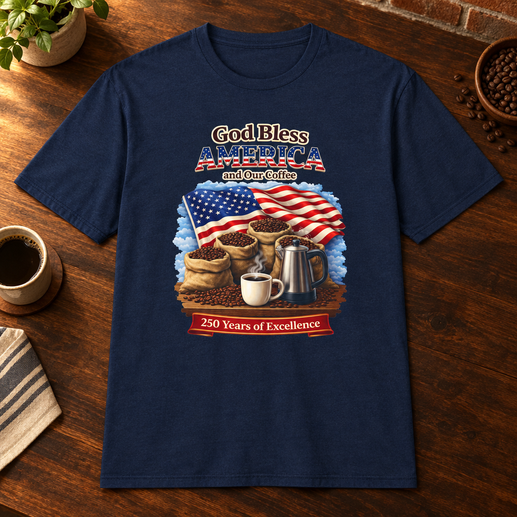 God Bless America T-Shirt Navy close-fill short-sleeve coffee-bar flat lay