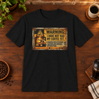 Warning Sign T-Shirt Black coffee-bar flat lay, Sport Grey-matched framing