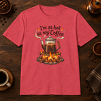 I'm as hot as my Coffee T-Shirt in Heather Red, overhead coffee-bar flat-lay mockup