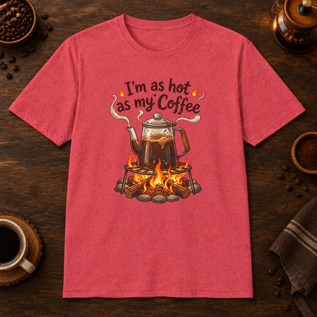 I'm as hot as my Coffee T-Shirt in Heather Red, overhead coffee-bar flat-lay mockup