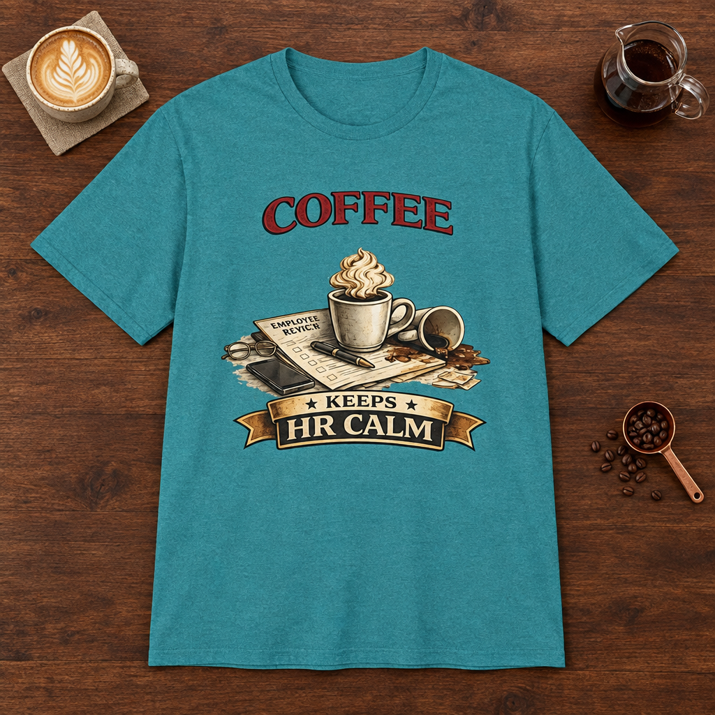 Coffee Keeps HR Calm T-Shirt Heather Galapagos Blue coffee bar mockup