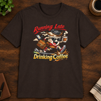 Running Late Drinking Coffee T-Shirt in Sport Grey, zoomed lifestyle mockup