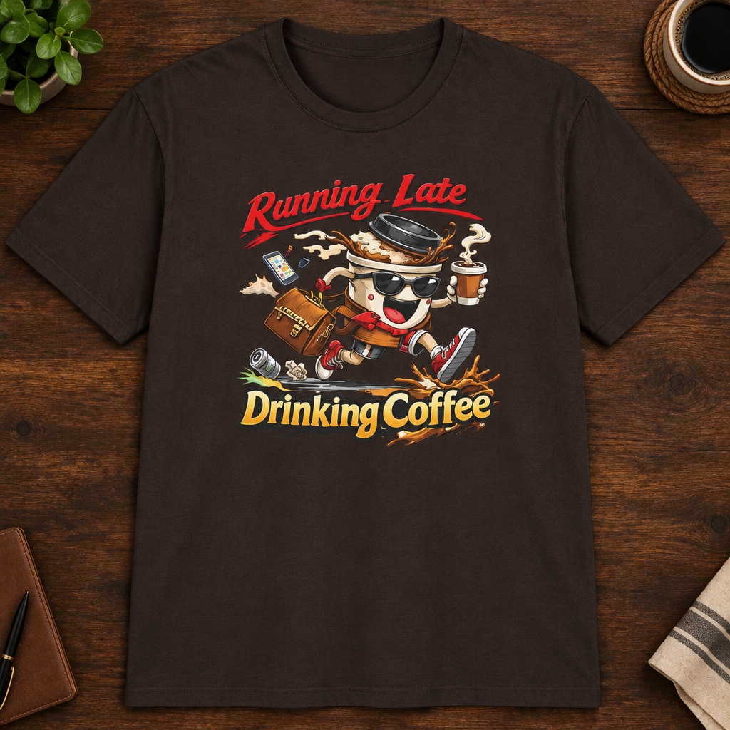 Running Late Drinking Coffee T-Shirt in Sport Grey, zoomed lifestyle mockup