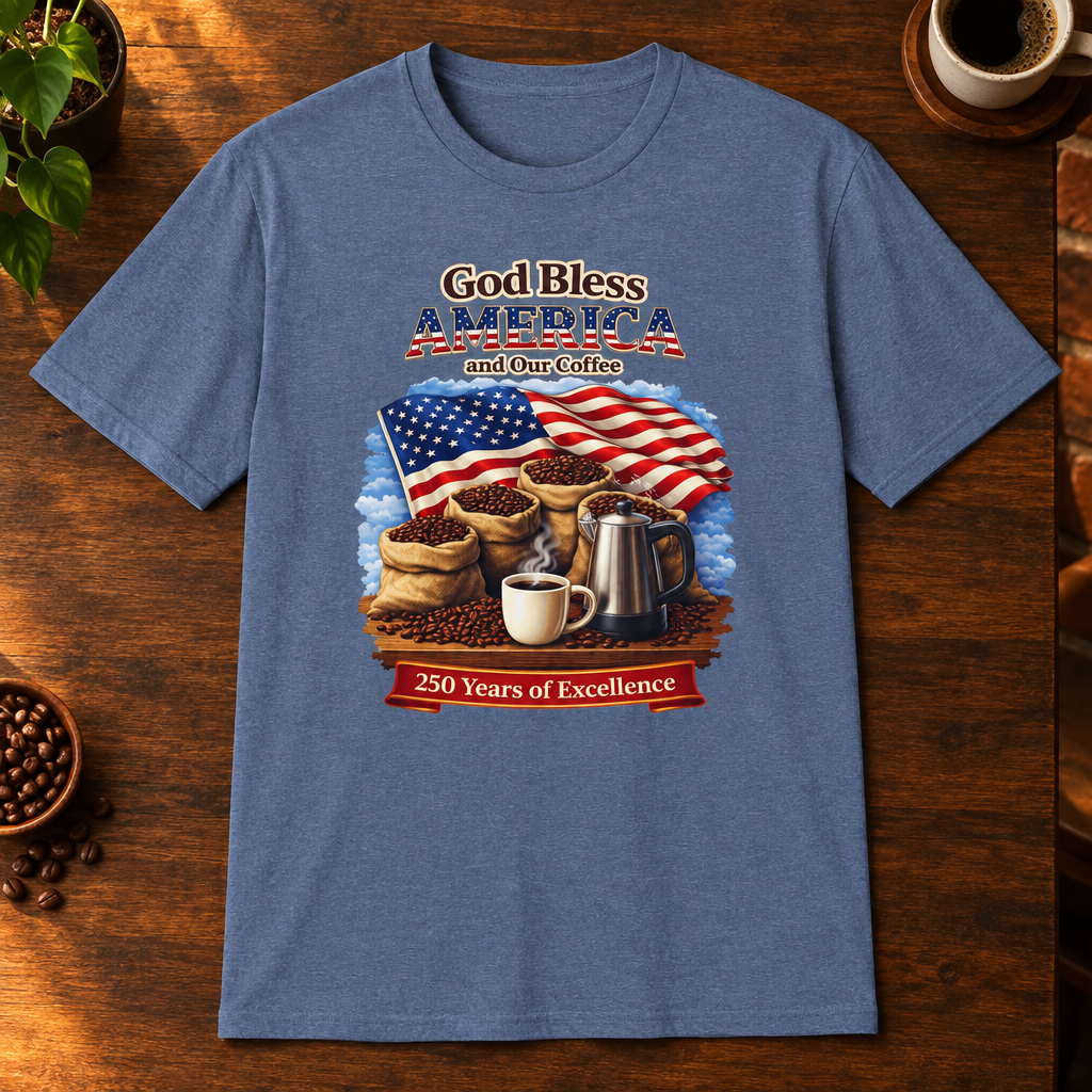 God Bless America T-Shirt Heather Indigo close-fill short-sleeve coffee-bar flat lay