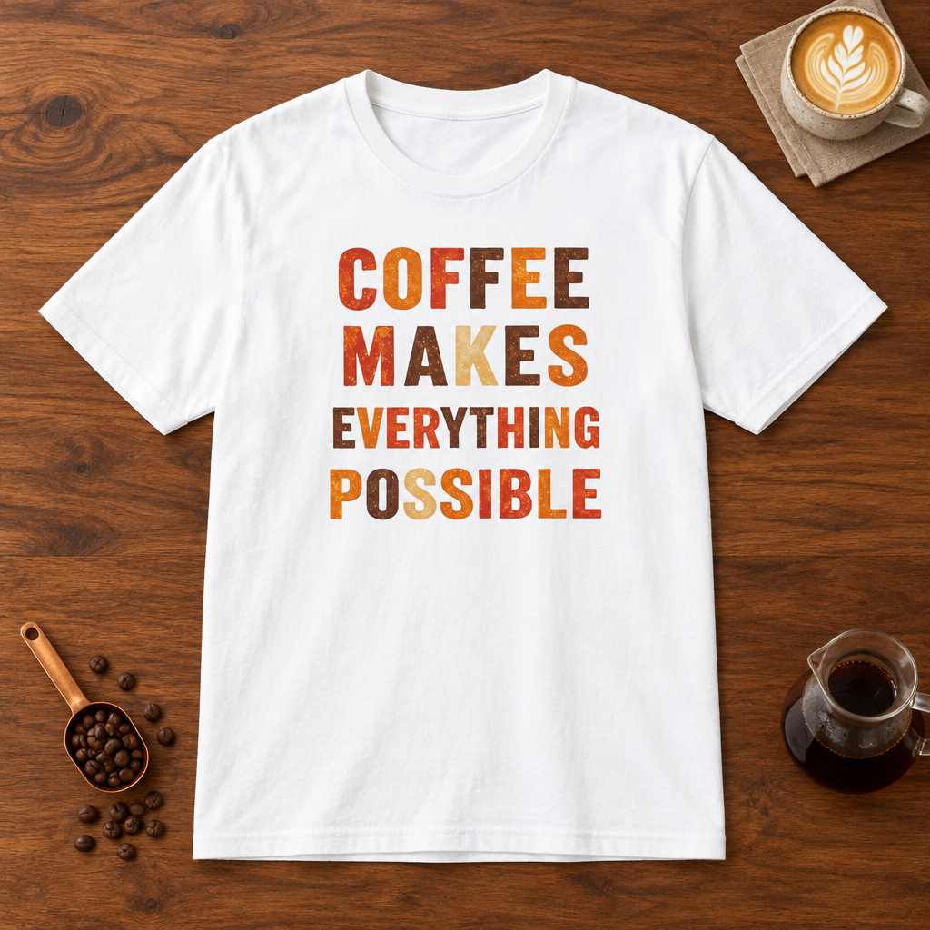 Coffee Makes Everything Possible text print T-Shirt White flat lay on walnut coffee bar