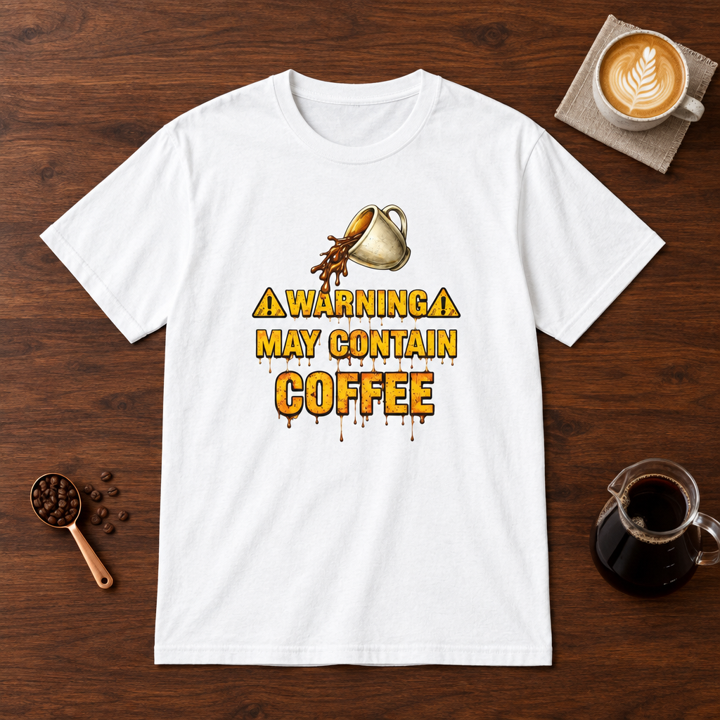 Warning May Contain Coffee T-Shirt White coffee bar mockup