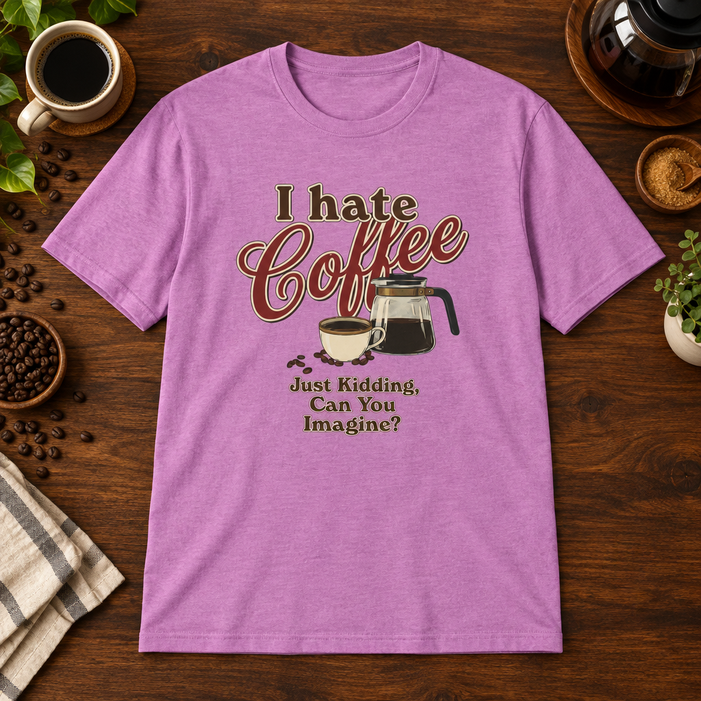 I Hate Coffee T-Shirt Heather Radiant Orchid coffee-bar flat lay