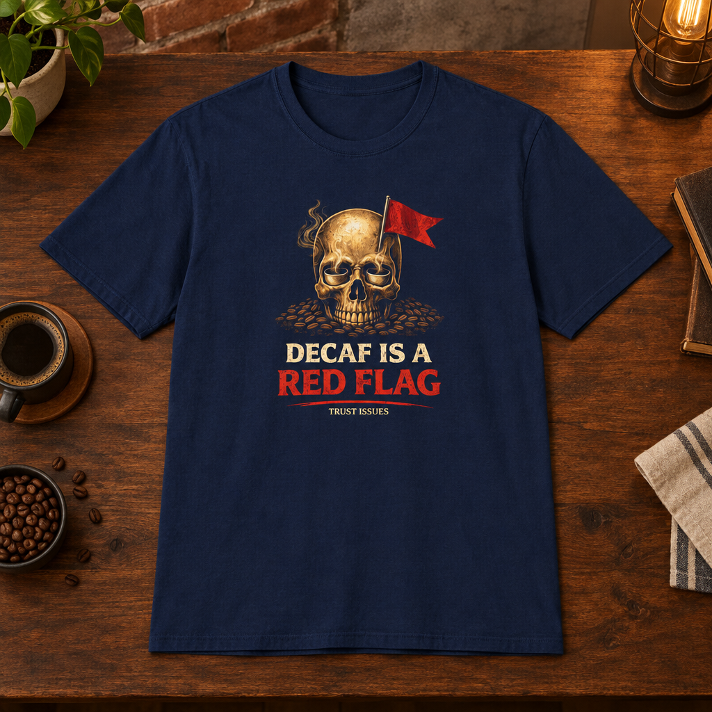 Red Flag T-Shirt Navy close-fill short-sleeve dark-ish coffee-bar flat lay