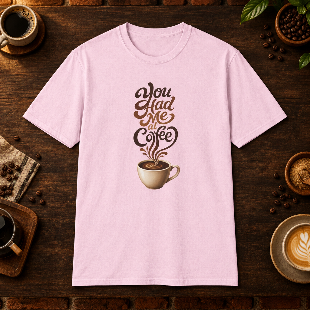 You Had Me at Coffee T-Shirt in Light Pink, coffee bar flat lay mockup