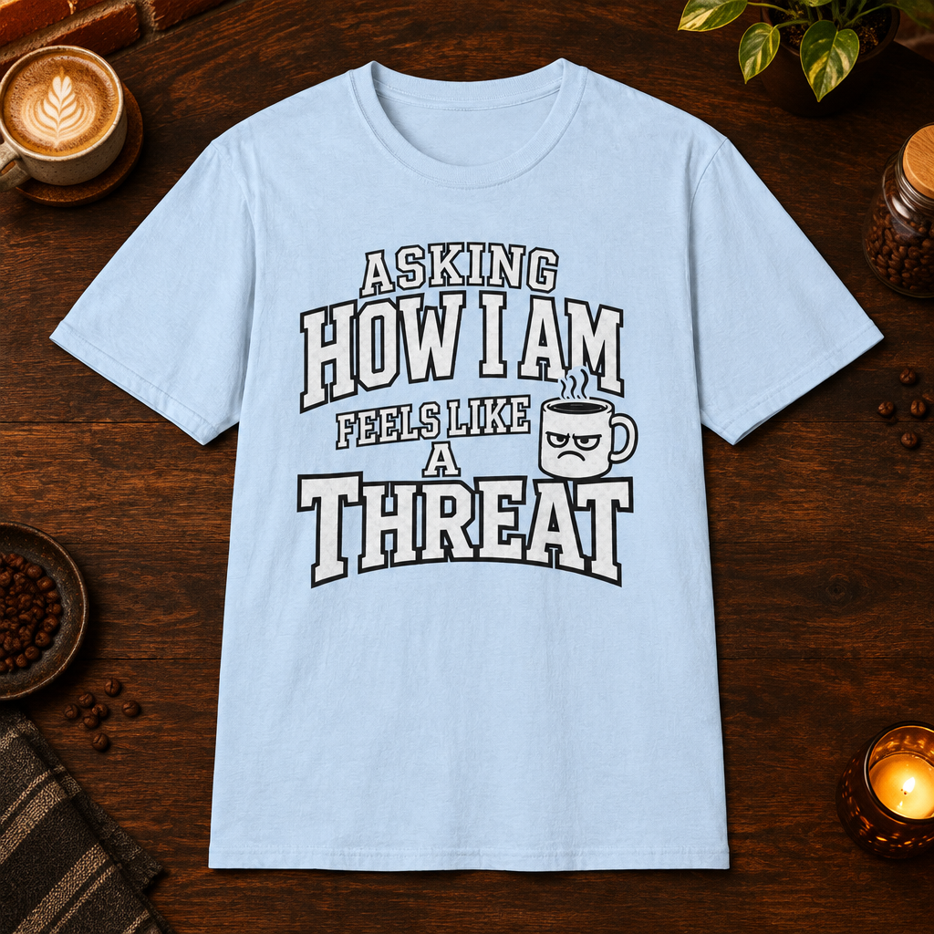 Asking How I Am T-Shirt in Light Blue, overhead coffee-bar flat-lay mockup