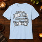 Asking How I Am T-Shirt in Light Blue, overhead coffee-bar flat-lay mockup