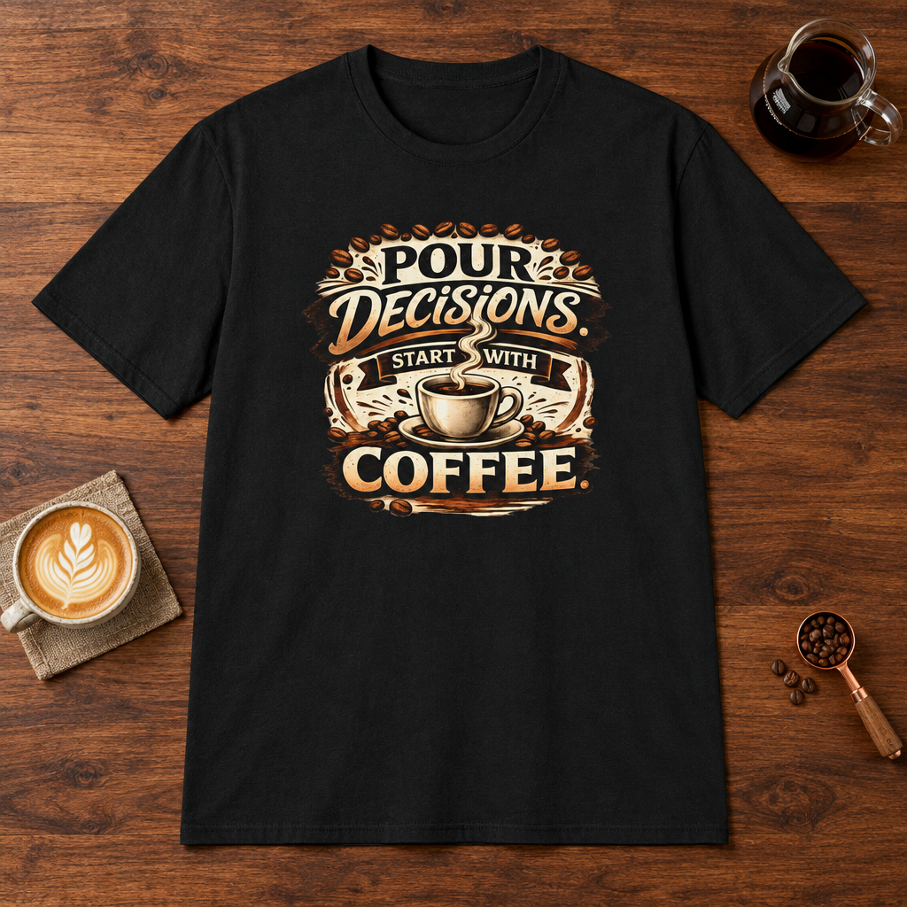 Pour Decisions Start with Coffee T-Shirt Black coffee bar mockup