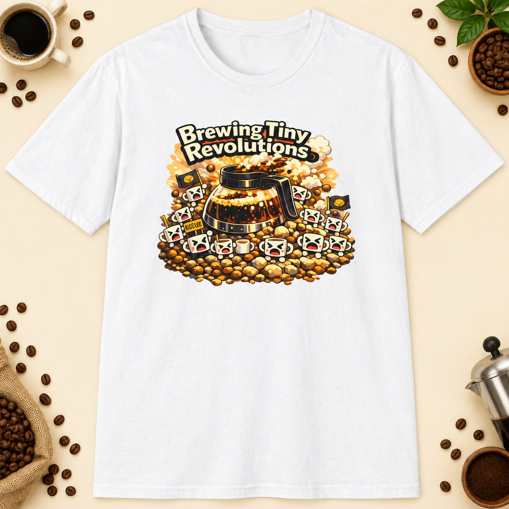 Brewing Tiny Revolutions T-Shirt in White, zoomed lifestyle mockup