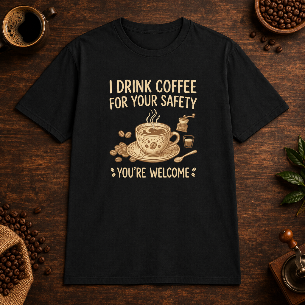 I Drink Coffee for Your Safety T-Shirt in Black, overhead coffee-bar flat-lay mockup