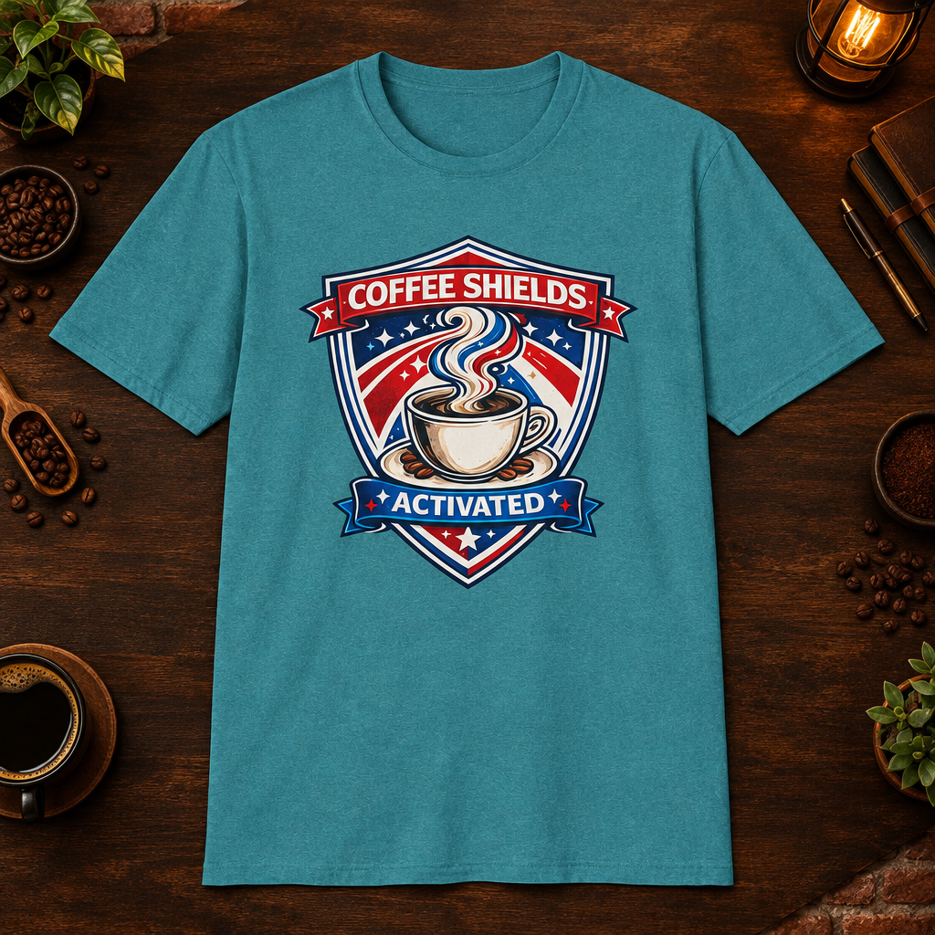 Coffee Shields Activated T-Shirt in Black, zoomed lifestyle mockup